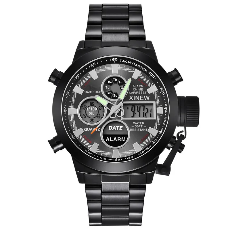 Men Genuine XINEW Brand Watches Fashion Alloy Band Dual Time Sports Chronograph Electronic Watch Reloj Hombre Acero Inoxidable