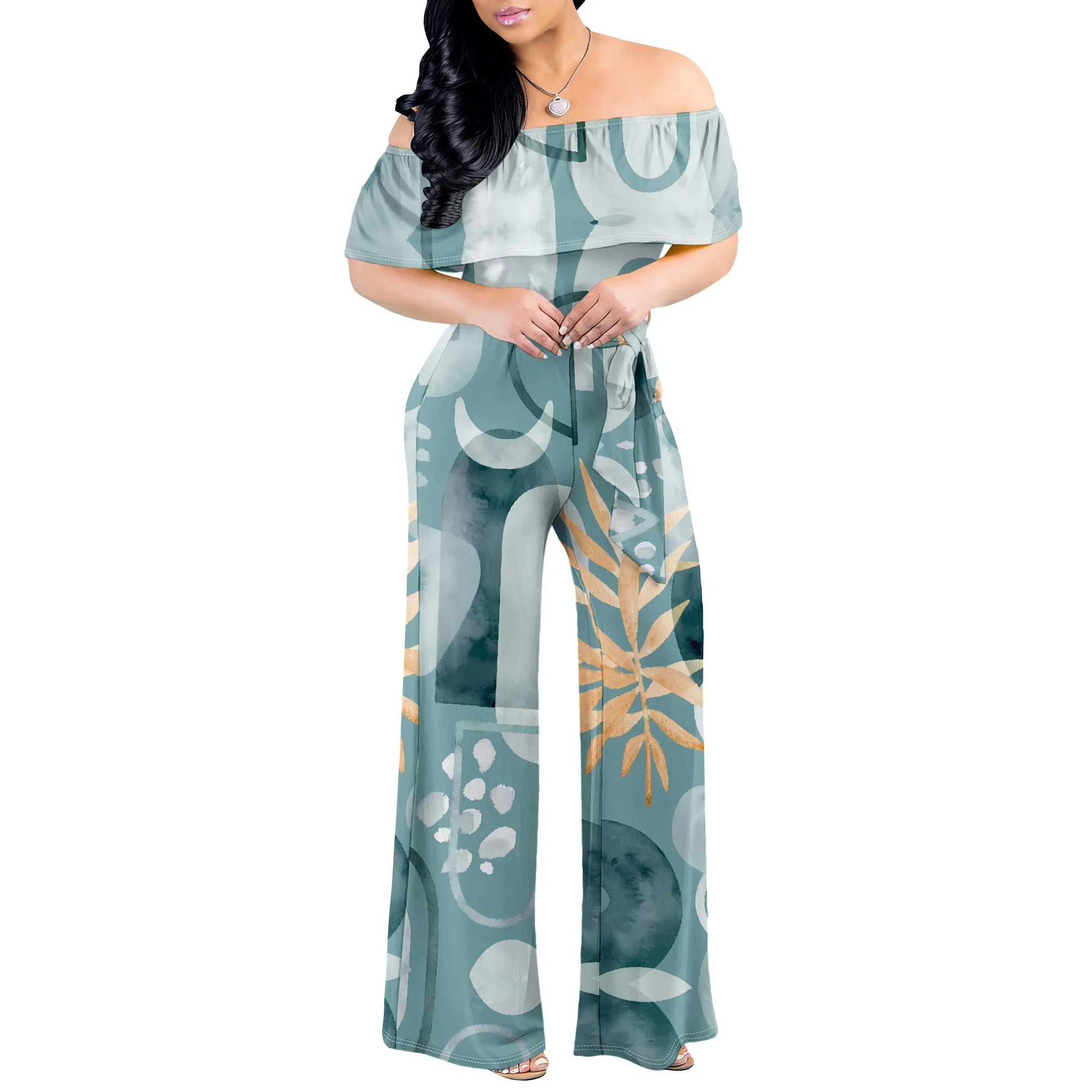 Boho Off Shoulder Jumpsuit for Women Multicolor Stripe Print Wide Leg Romper Festival Beachwear Style
