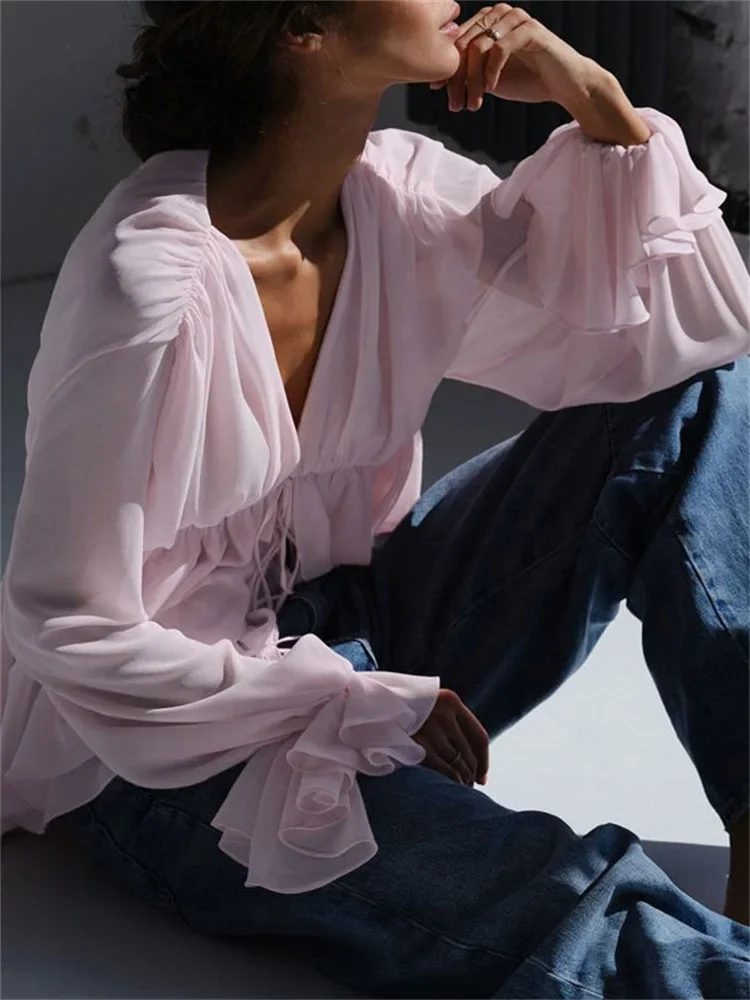 BluWin Female Sexy Lace-Up Shirts Top For Women Ruffled V-Neck Loose Patchwork Cardigan Commute Blouse Casual Summer Shirts 2025