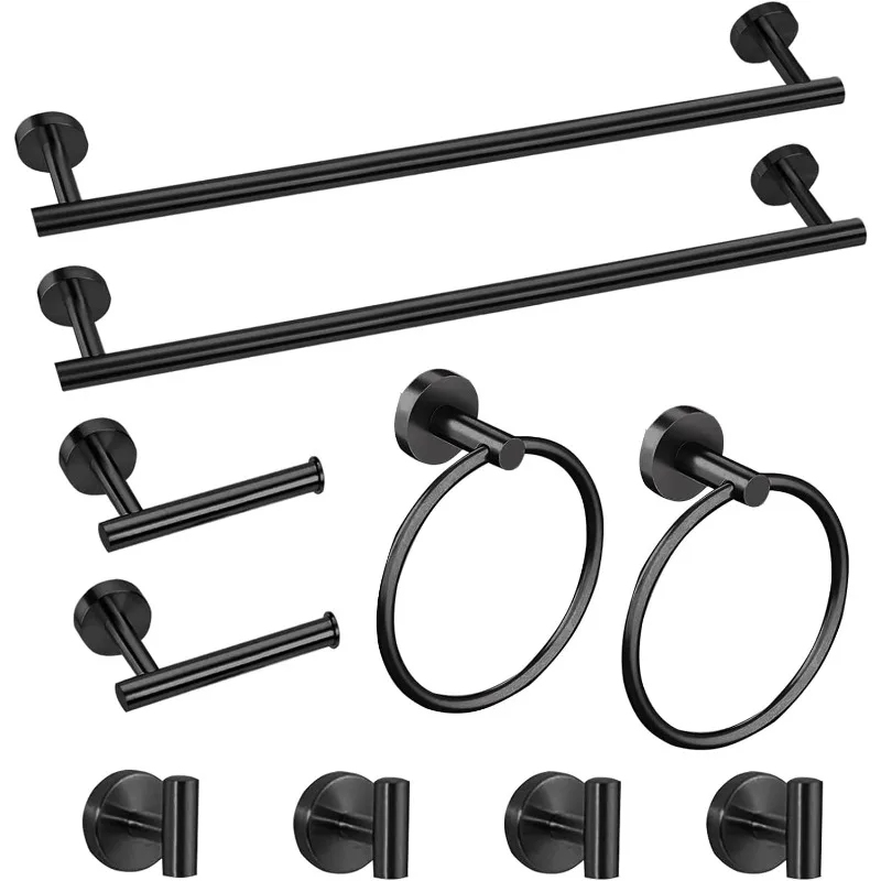 10 Piece Matte Black Bathroom Accessories Set, 24inch  Towel Bar Ring+Toilet Paper Holder+ Robe Towel Hook  Stainless Steel