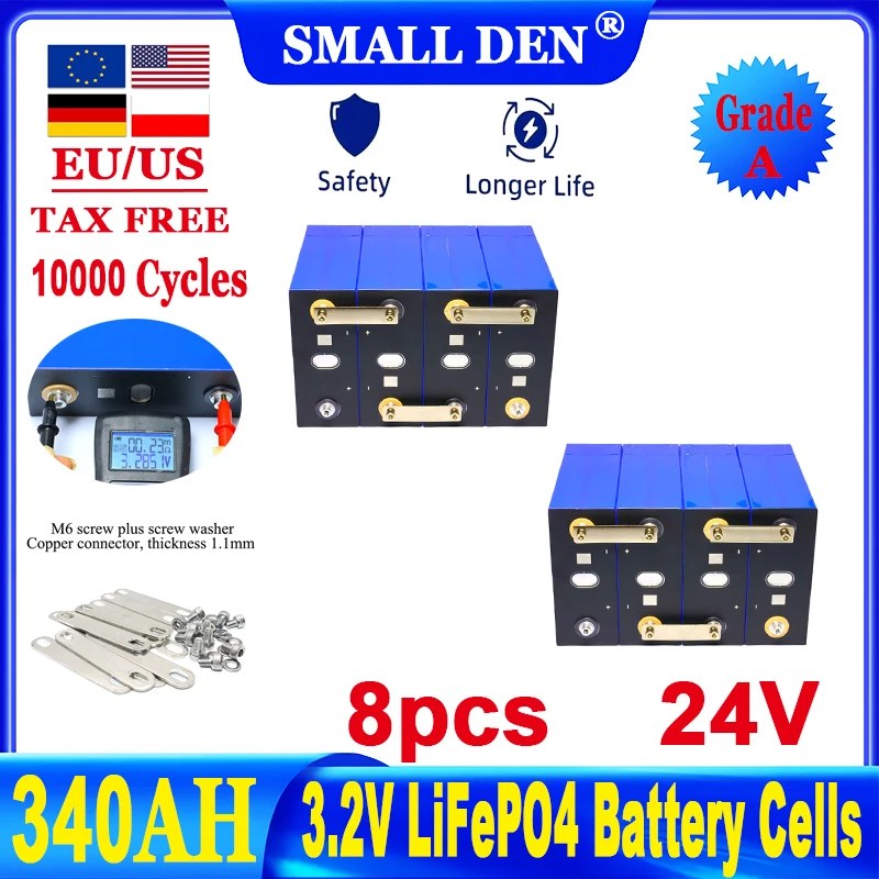 

8pcs Power Battery 3.2V 340Ah Lifepo4 Battery 10000 cycle diy 12V 24V 48V A-class 3C RV Solar Golf Cart Rechargeable cell NoTax