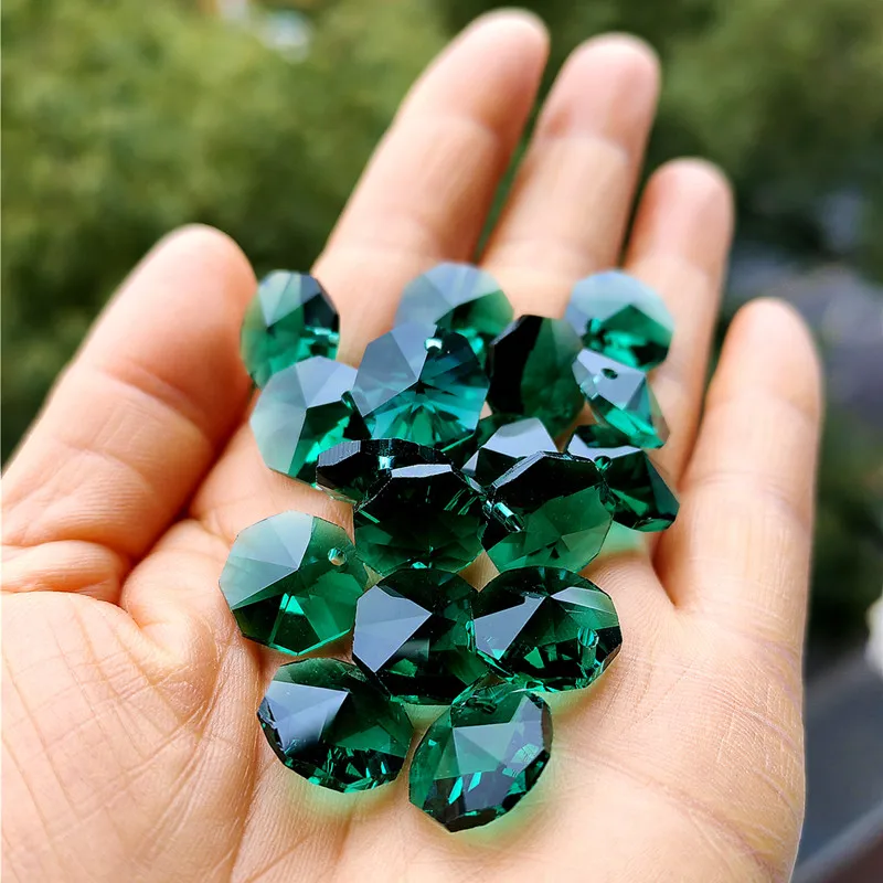 Top Quality 100pcs Zircon Green 14MM Glass Crystal Chandelier Octagon Beads In One Hole Light Accessories Curtain Beads Supplies