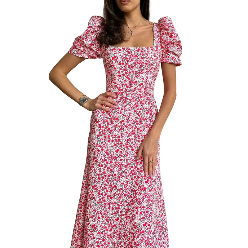 Zomer Vierkante Hals Bloemenprint Jurken Vrouwen Casual Strand Korte Mouw Elegant Feest Flowy Midi Jurk