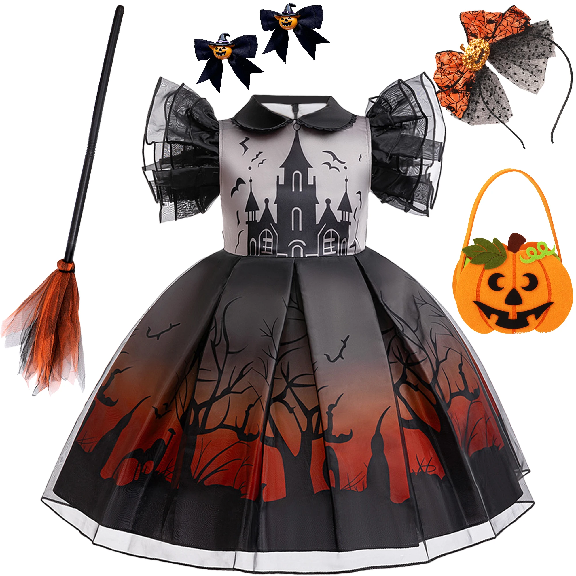 

Halloween Church Bat Girl Costume for Kids Carnival Cosplay Christmas Broom Birthday Party Dress Lace Pumpkin Ghost Prom Clothes