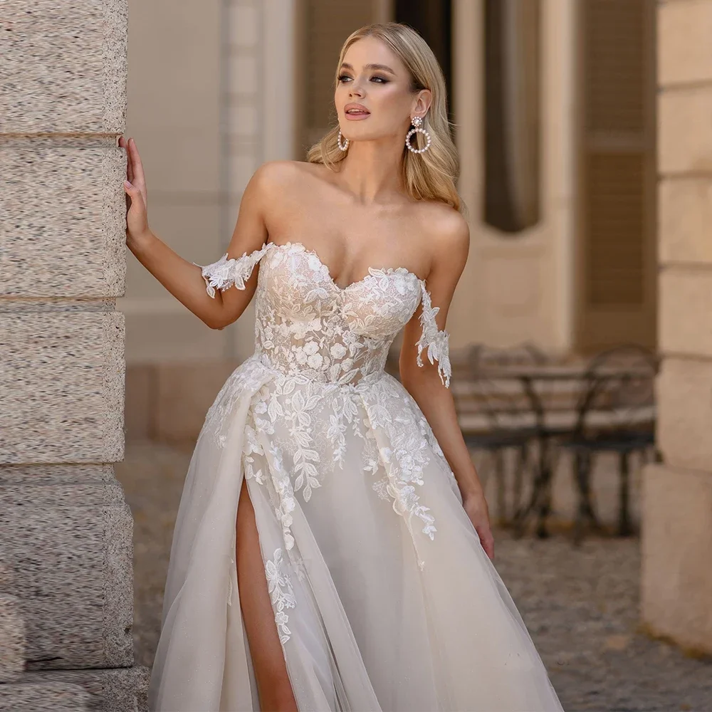 Elegant Sweetheart Wedding Dress Customization 2025 Off Shoulder A-line Bridal Dress Side Split Tulle Wedding Vest