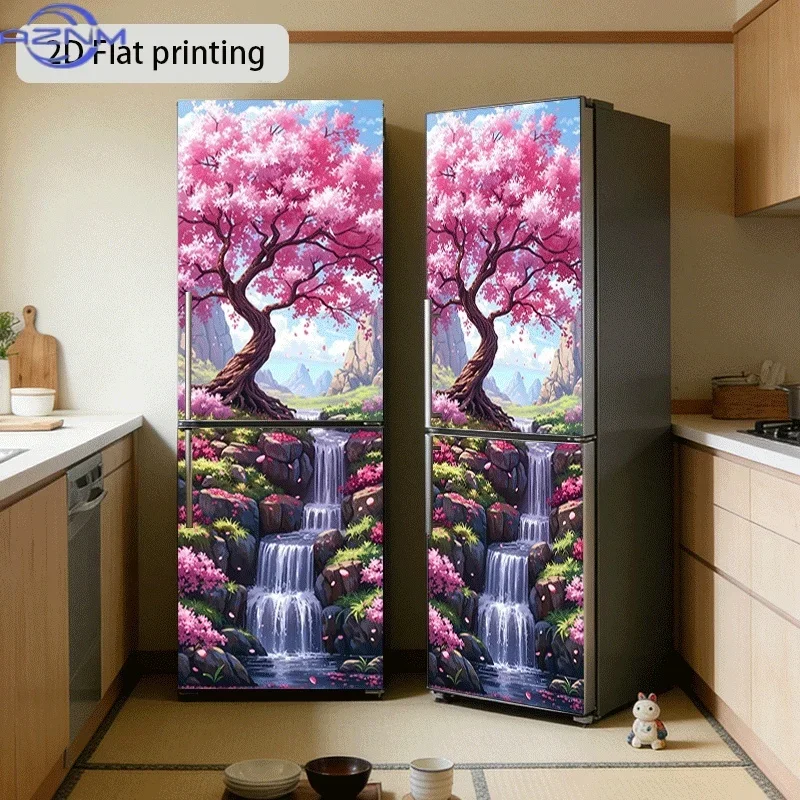 Refrigerator Sticker, Cherry Blossom Stream Theme Design, Self-Adhesive Wall Decal Wallpaper, Suitable for Cabinets and Wardro