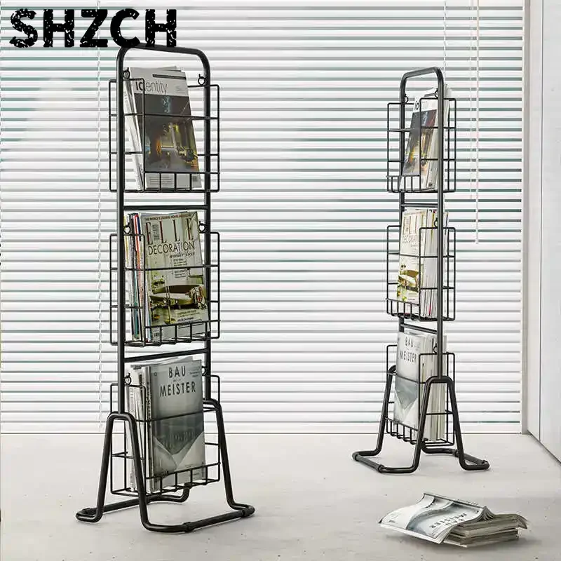 Minimalism Floor Magazine Display Rack Movable Bookshelf Compact Storage Shelf for Modern Homes Iron Multilayer Newspaper Rack