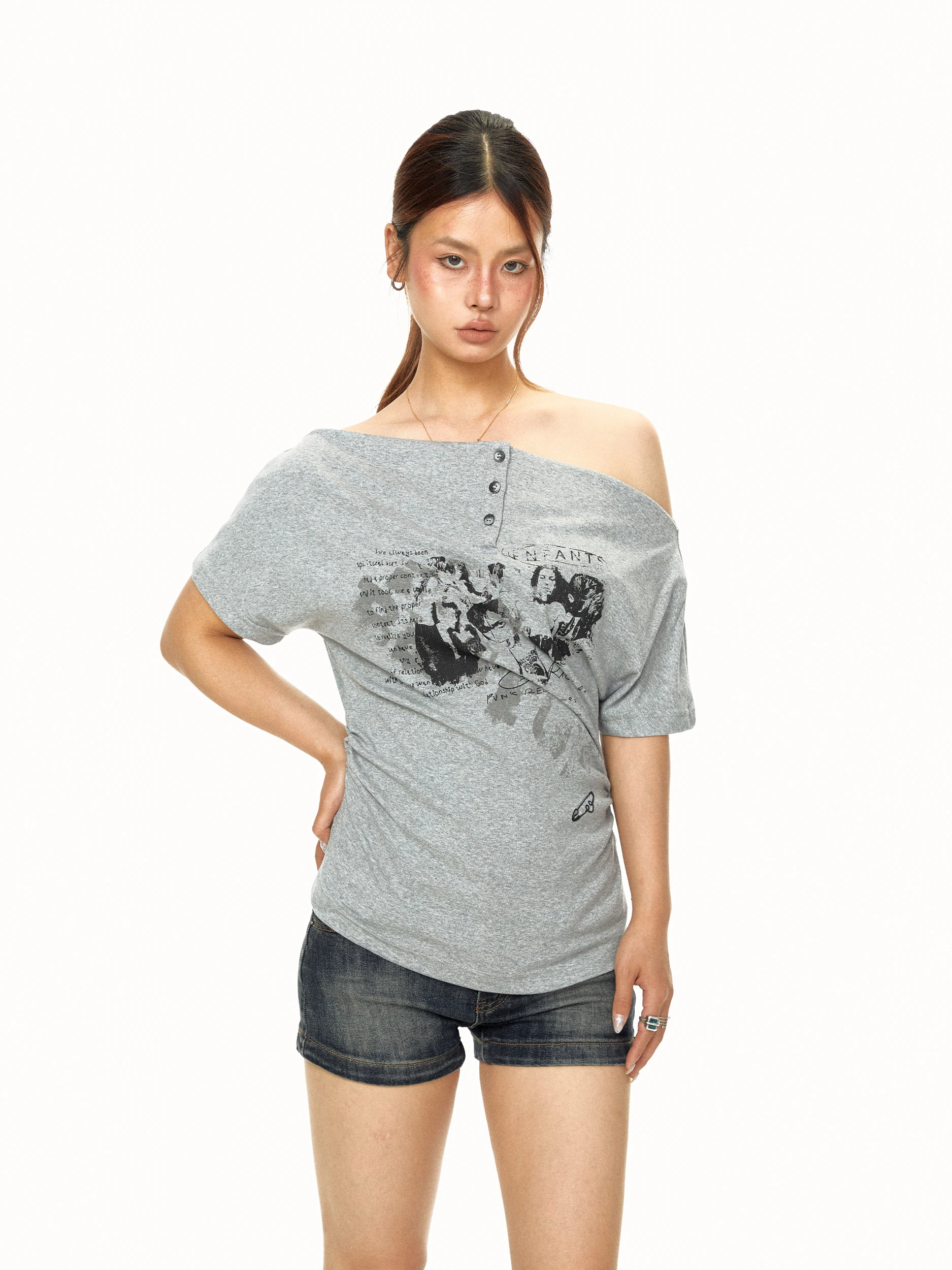 Casual Shoulder Bared Short Sleeve T Shirt Women's Fashionable Korean Style Slim Fit Summer Top Blackbb Print All round Versa...