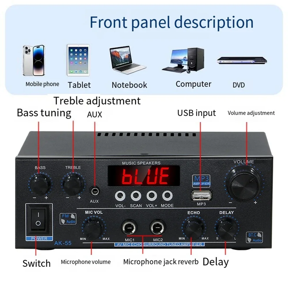 AK55 HiFi Digital Amplifier Channel Bluetooth Surround Sound AMP Max Power Speaker for Home Car BT 5.0 Audio AMP US Plug
