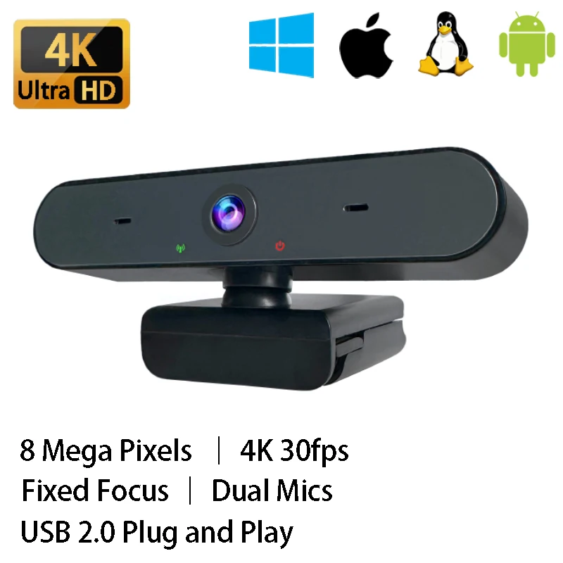 

Ultra HD 4K Webcam Fixed Focus Laptop Computer Camera with Microphone USB Plug and Play Camera PC for Streaming / Video Call