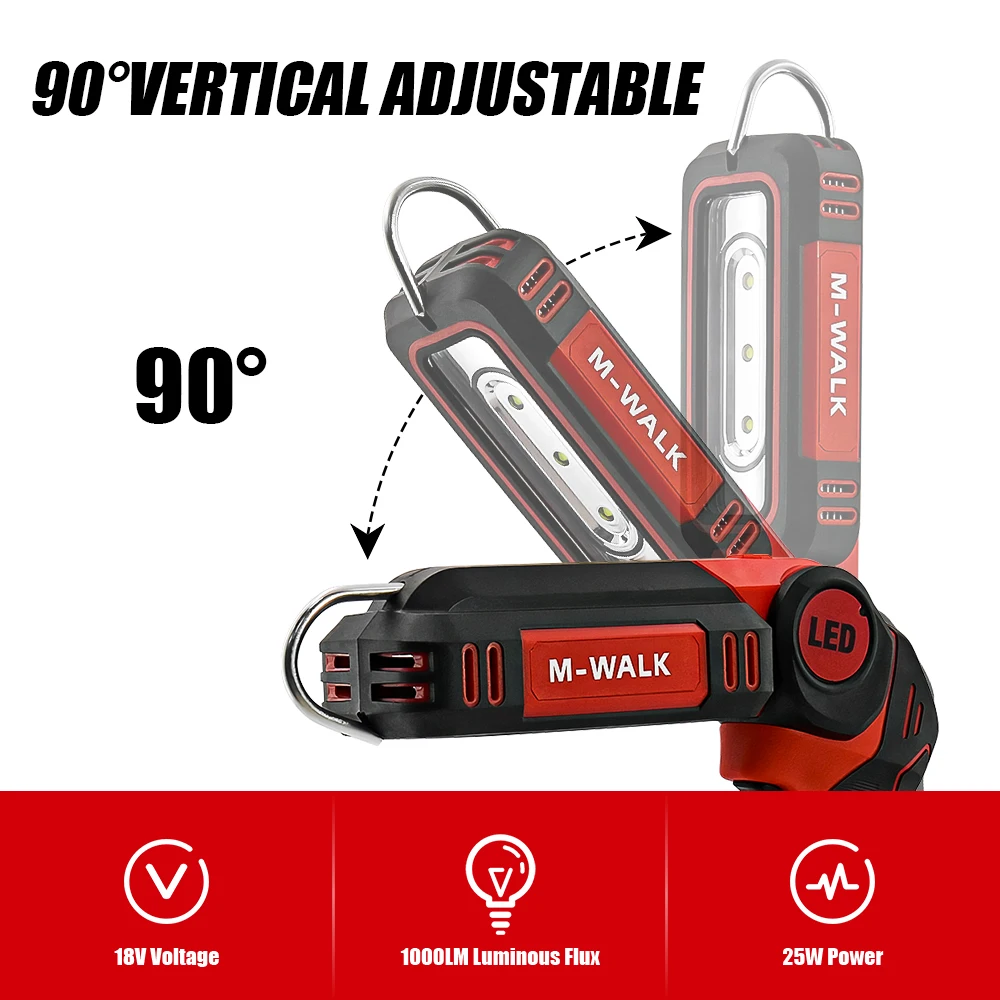 

M-WALK 90° Folding LED Work Light Camping Flashlight With Hook Lighting Modes Lamp Power Tools For 18V Milwaukee Battery Pin