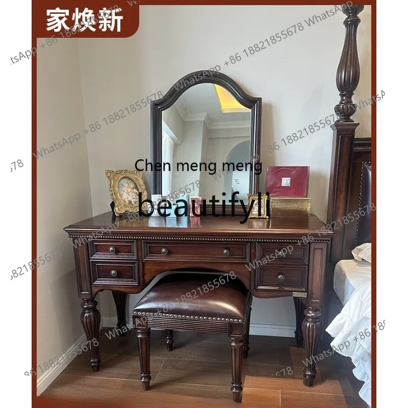 

All Solid Wood Makeup Table Dressing Table Light Luxury High-end Feel Desk with Makeup Mirror Stool