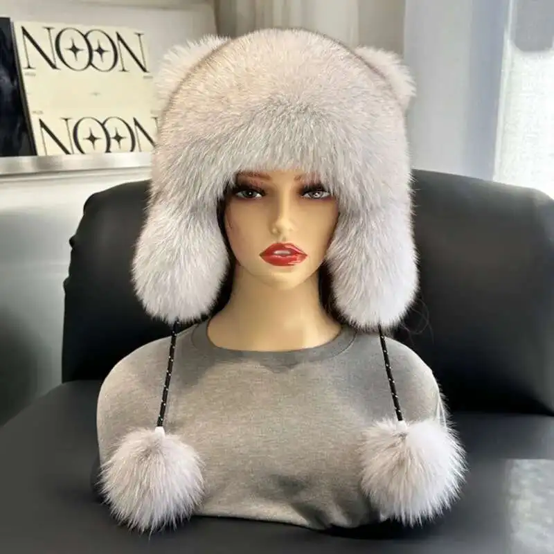 Real Fox Fur Ear Protection Hats Fashion Bomber Hat Outdoor Riding Hat For Women Warm Furry Full Fur Caps Russian Snow Hats