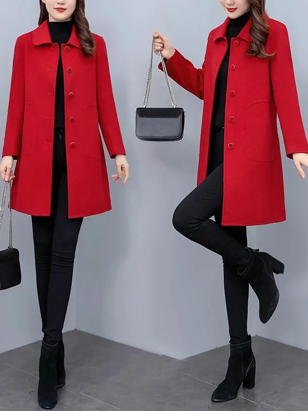 Ladies Woolen Coat Thickened Medium Length Autumn Winter New Style Small Size Cotton Insert Fashionable Business Commute Wear