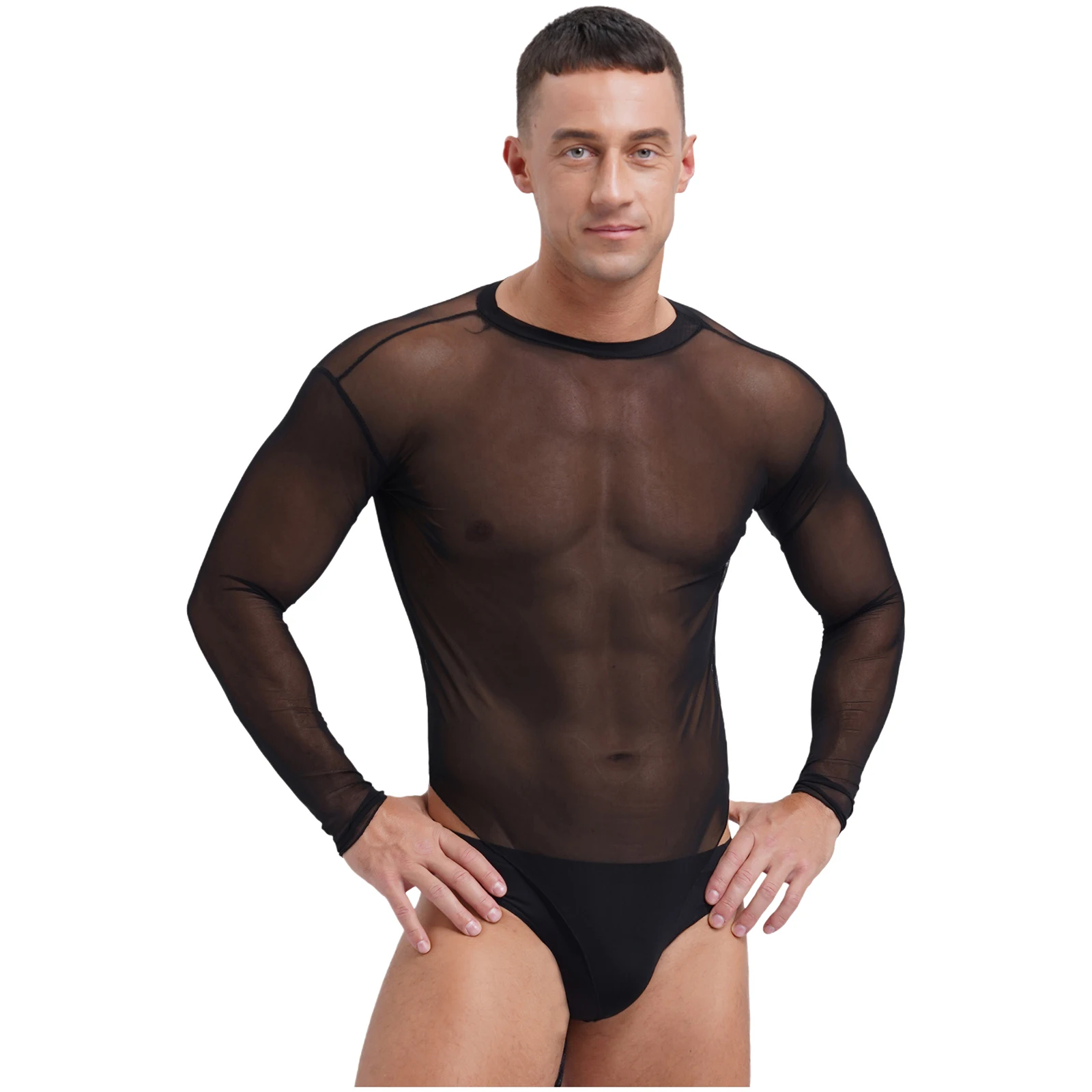 Mens Lingerie High Cut Bodybuilding Clubwear Lace-up Crotch See Through Long Sleeve Bodysuit Crew Neck Bodystocking Underwear