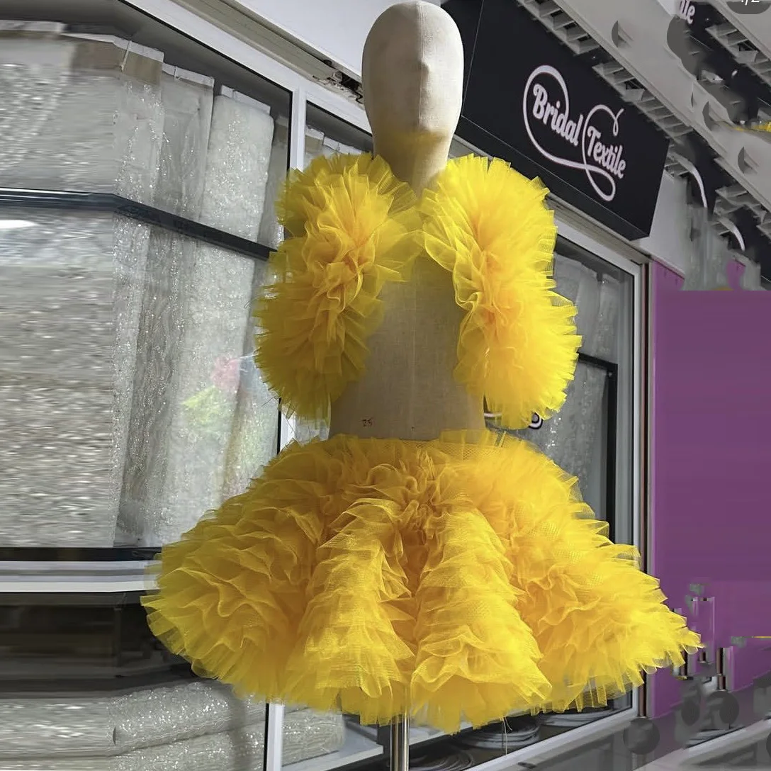 Novo vestido amarelo 2 peças em camadas vestidos de festa curtos plissado em camadas vestidos de baile feitos sob encomenda top exuberante saia de tule mini comprimento