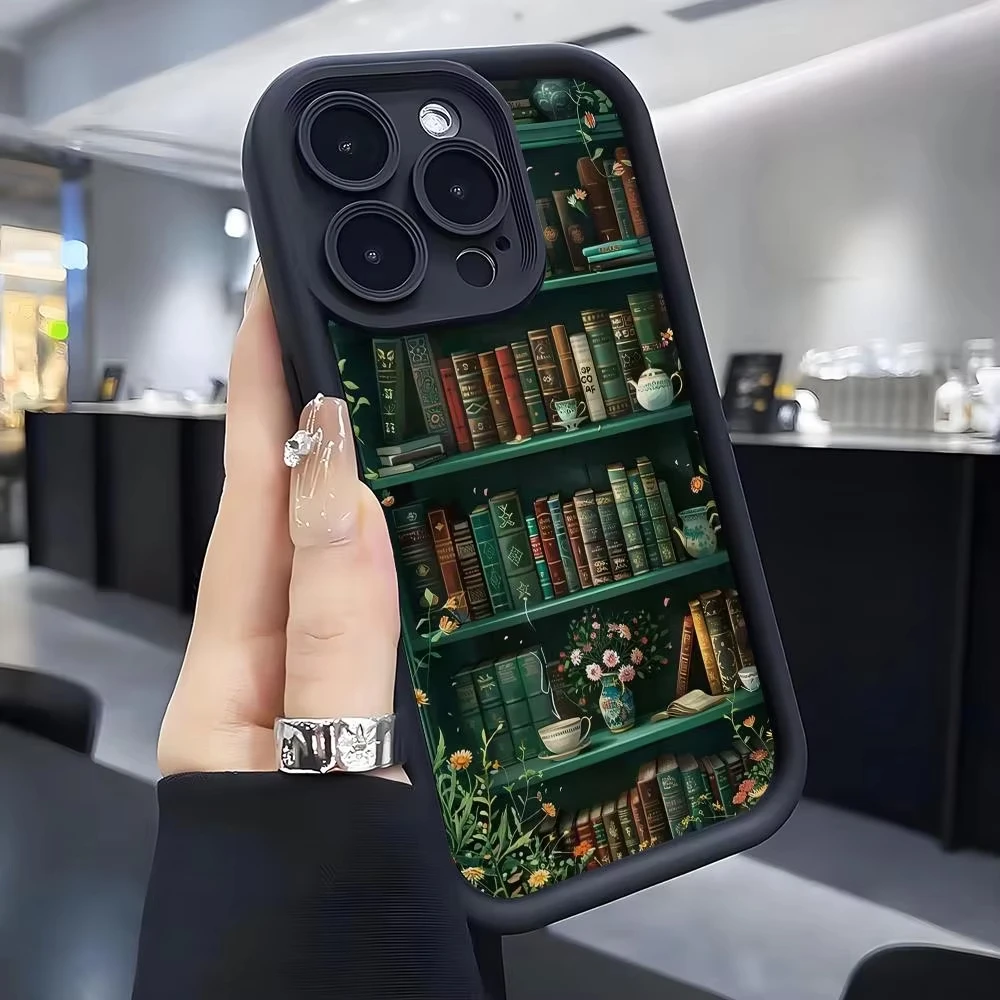 حافظة هاتف مناسبة بنمط رف الكتب الأخضر لهاتف آيفون 17 برو ماكس 16E 15 Pro 14 13 12 11 Mini AIR XS XR XS 8Plus مضادة للسقوط و