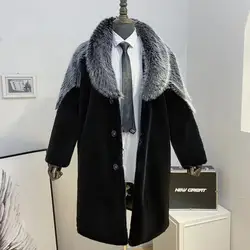 Winter men's mink fur long style light luxury casual business jacket, thickened warm fur silver fox fur collar long windbreaker