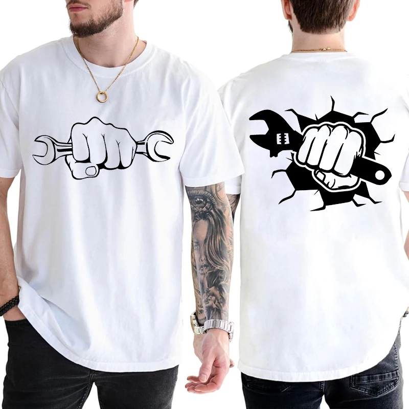 Double Sided Fist Wrench T-Shirt for Men, Mechanic Hand Tool Graphic Tee, Summer Short Sleeve O Neck Y2k Tops for Father's Day