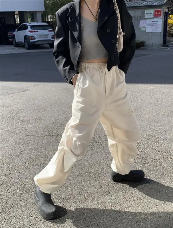 

Белые рабочие брюки с завязками в корейском стиле, повседневные, свободного кроя, прямые, модные, с высокой талией, для работы и повседневной носки, женские, стильные