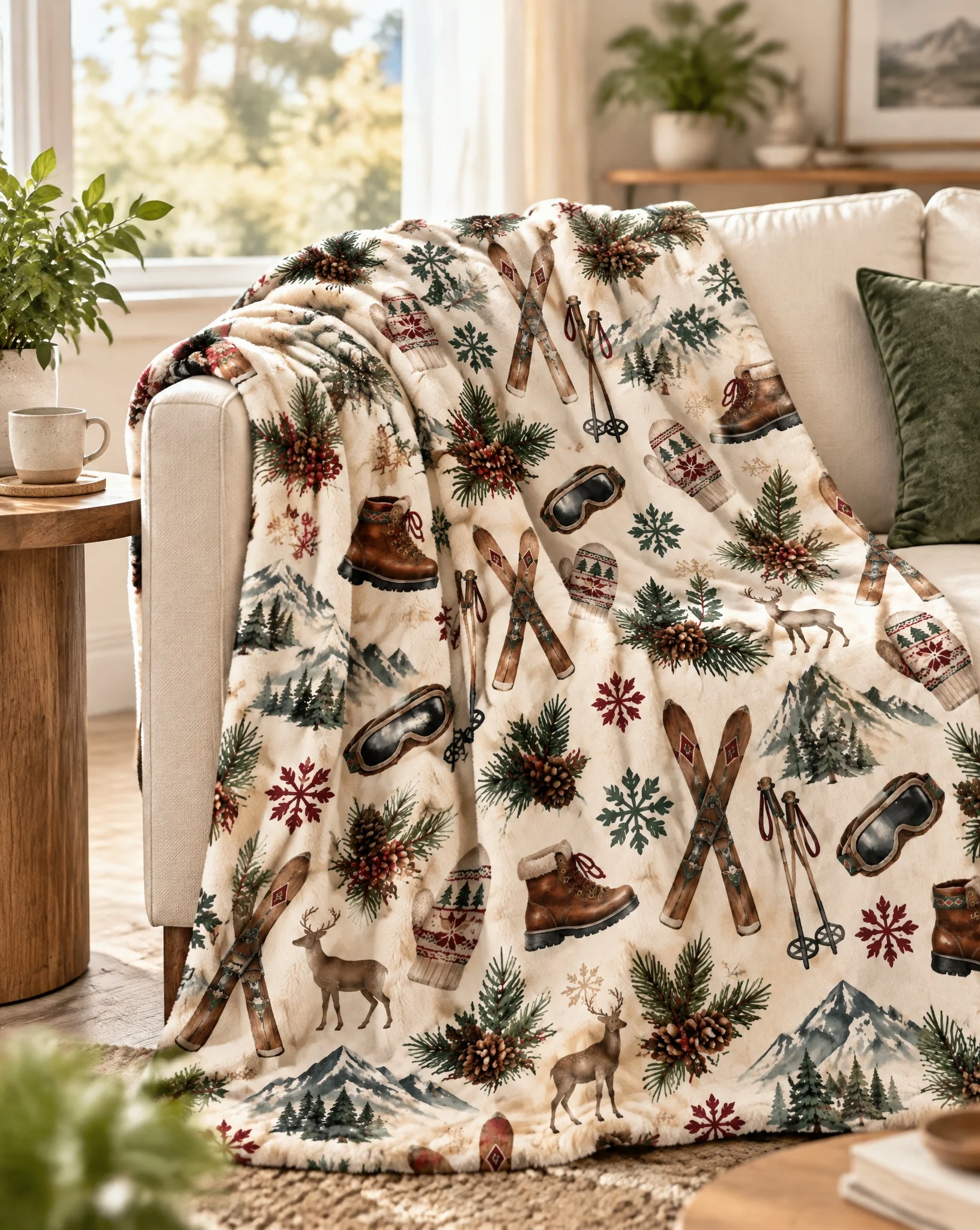 Winter Ski Lodge Throw Blanket, Mittens & Pine Print Cabin Decor Cover, Cozy Leisure Wrap for Sofa Bed, Wonderful Christmas Gift for Ski Enthusiasts