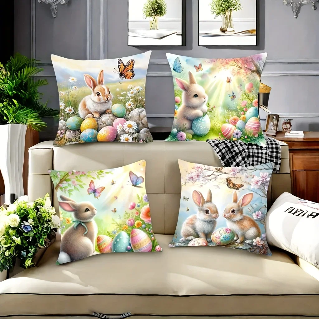 VIKAMA 2D Flat Printing Easter Bunny Pillowcases Decorative Cushion Covers for Sofa Couch Spring Home Decoration