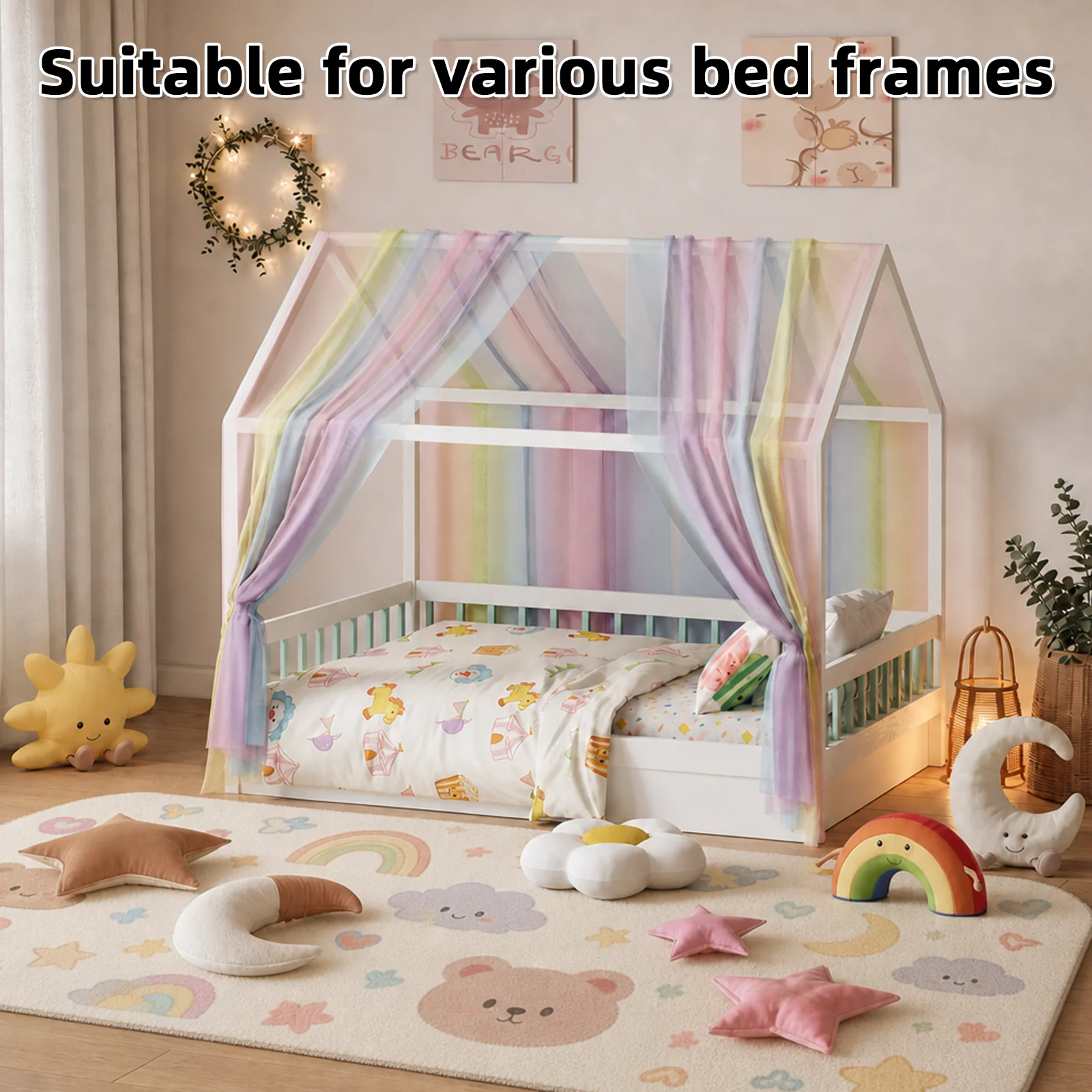 Rainbow Gradient Tulle Bed Canopy Curtain 1/2Pcs Soft Muslin Mesh Bed Curtain for Kids House Bed Children Bedroom Decor