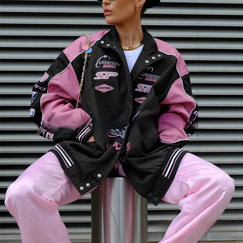

Spring Autumn 2023 Women's Pink Long Sve Motorcycle Jaet Casual Sport Print Outerwear Medium Length Loose Fit Sle