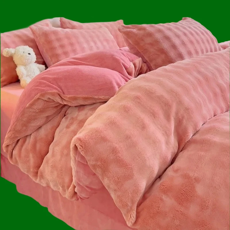 2025 new solid color tie-dye bubble rabbit fleece four-piece milk fleece quilt cover winter thickened coral fleece bedding