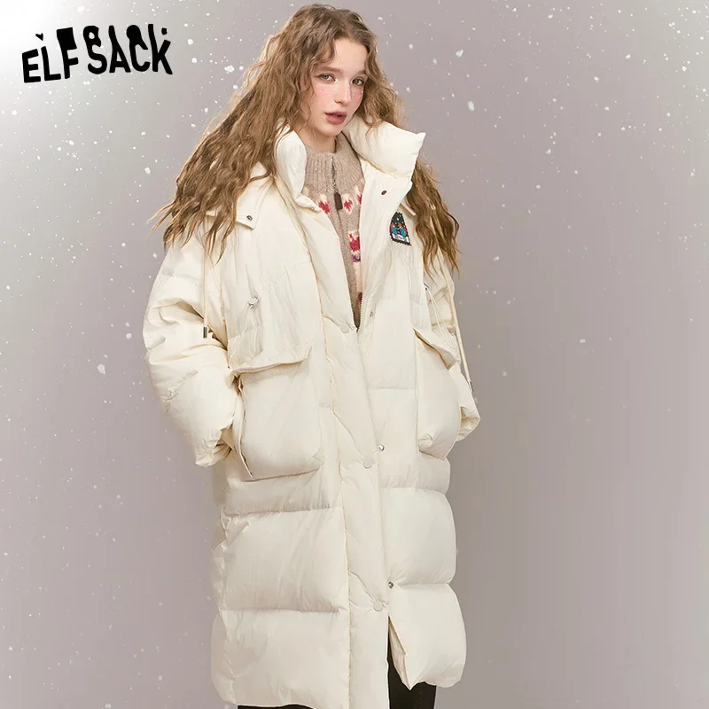 ELFSACK, novedades de invierno 2024, chaqueta de plumón con capucha de longitud media para mujer, parche de zorro de dibujos animados, abrigo grueso y cálido