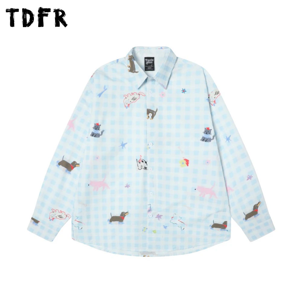 

Puppy Print Plaid Long Sleeve Shirts Mens Autumn Retro Streetwear Single Breasted Lapel Loose Shirts Men