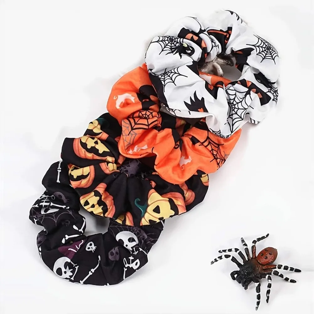 4pcs Halloween Hair Scrunchies Set - Spider Web, Pumpkin & Skull Prints | Soft Fabric Elastic Bands for Women and Girls | Perfec