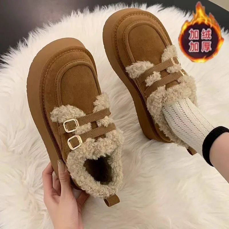 

Platform Loafers Women's Velvet 2025 New One-pedal Boken Shoes Thermal Cotton Shoes
