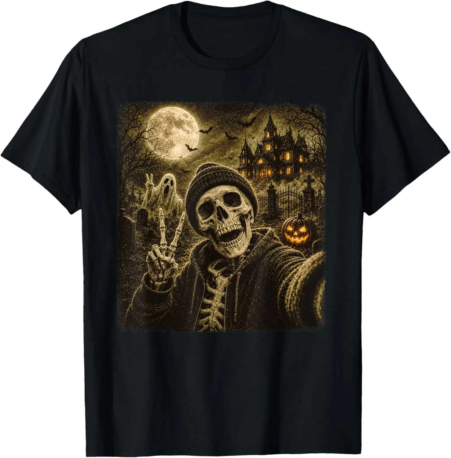 Funny Skeleton Selfie Halloween Ghost Pumpkin Men Women T-Shirt 100% Cotton Trendy Y2K Short-Sleeve Tee – Soft, Quick-Drying, &
