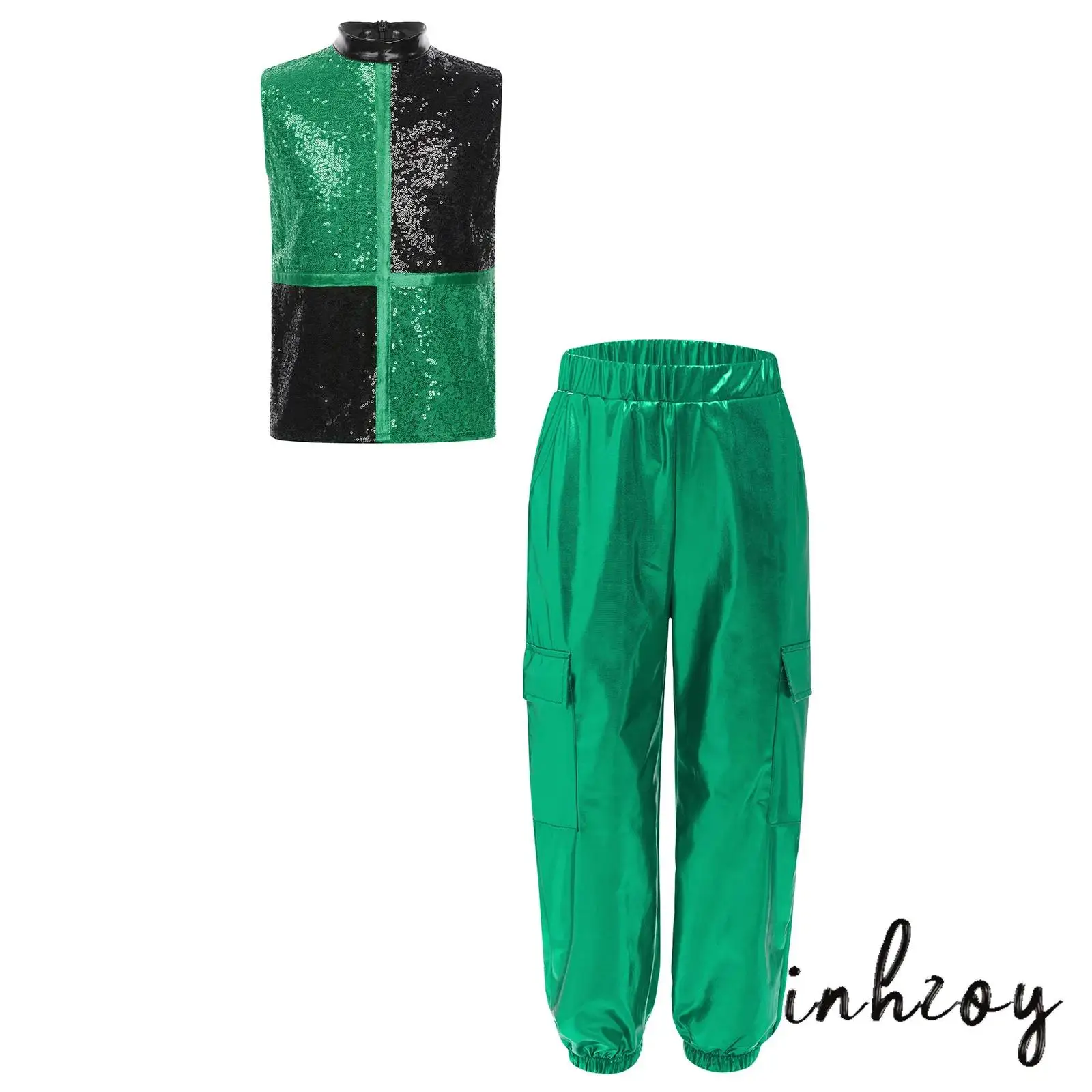 

Metallic Sequins Hip Hop Dance Set for Boys Mock Neck Sleeveless Color Block Crop Top with Cargo Pants for Jazz Dance Costume