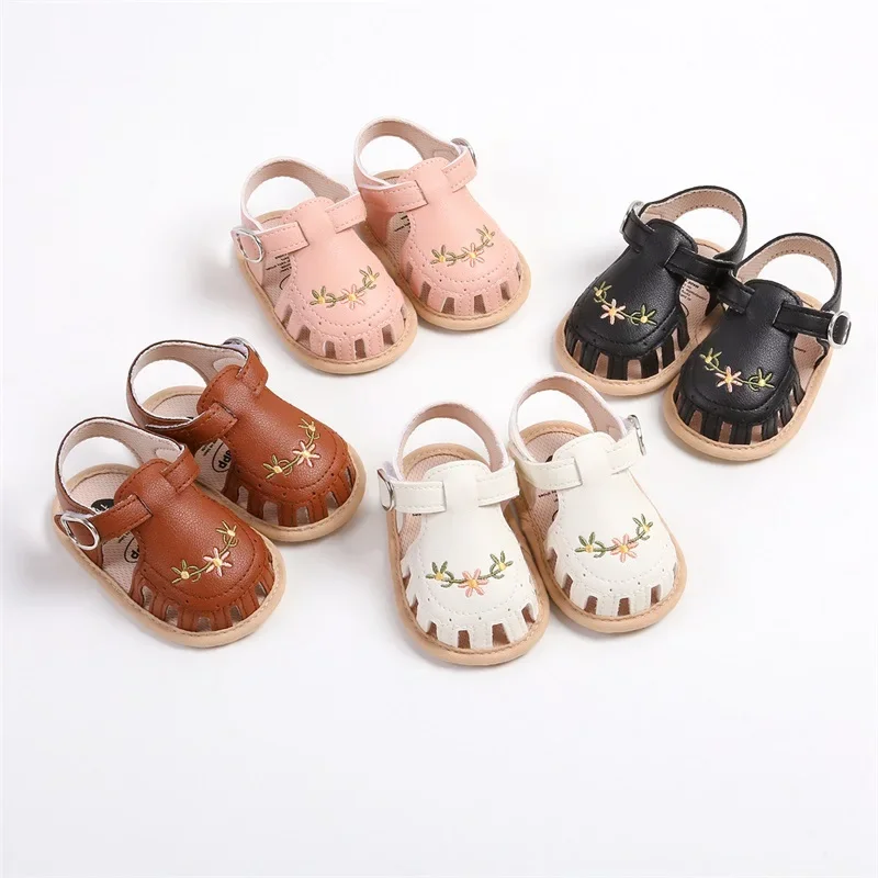 

Baby Girl Casual Sandals PU Leather Non-slip Embroidery Flower Summer Flats Toddler Shoes