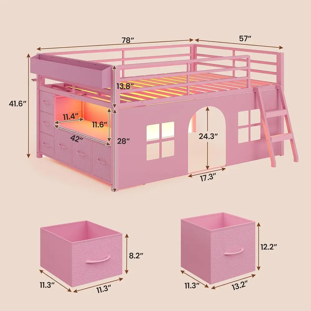 ADORNEVE Kids Low Lot Bed ull Size with Tent and 5 Storage Ders, Pink | Metal ull Lot Bed with LED Lights, Bookcase & Under-Bed