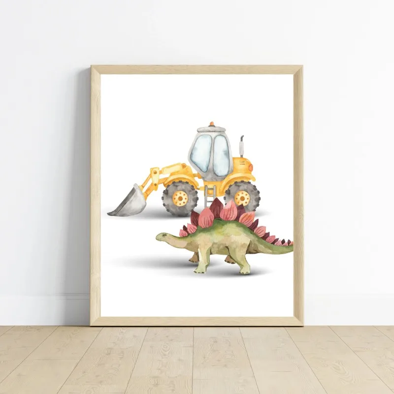 Cute Dinosaurs and Construction Trucks Excavator Bulldozer Posters and Prints Canvas Printing Wall Art Picture for Bedroom Decor