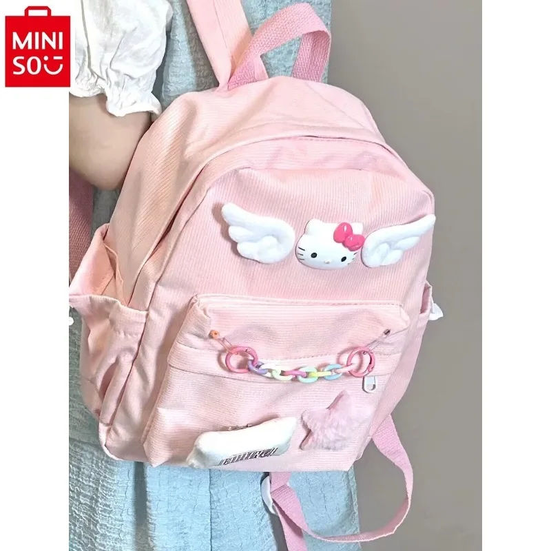 Mochila MINISO Cartoon Hello Kitty Estudante de grande capacidade, mochila infantil versátil com contraste de cor doce