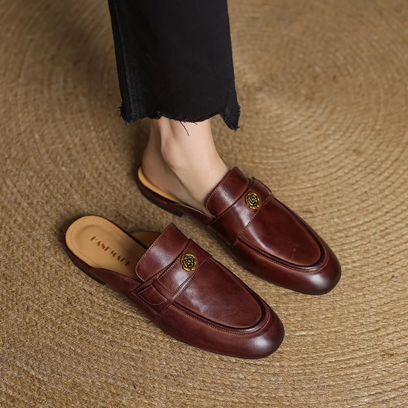 

Women's Black Flats Slippers Elegant Red Slip-on Genuine Natural Leather Mules Round Luxury High Quality Designer Ladies Shoes