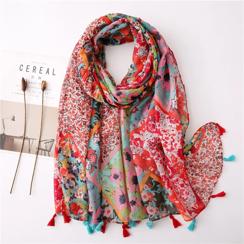 

Floral Tassel Viscose Shawl Scarf Lady Beach Travel Wrap Thin Pashmina Stole Bohemian Abstract Muslim Hijab Long Shawl