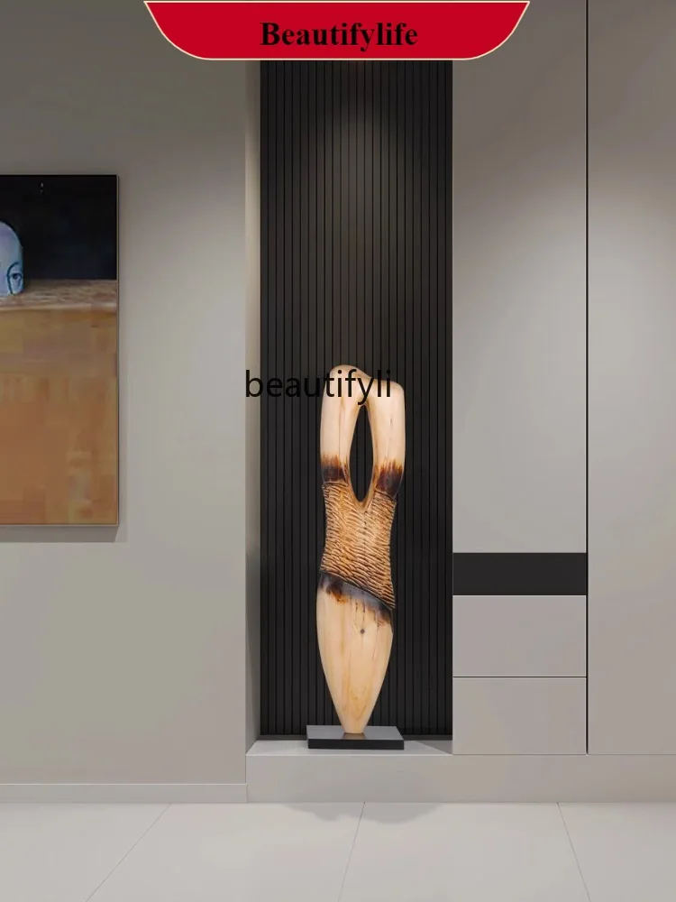 

F132 Hotel Decorative Solid Wood Abstract Sculptured Ornaments Villa Living Room Entrance Vertical High Wood Carving Artwork