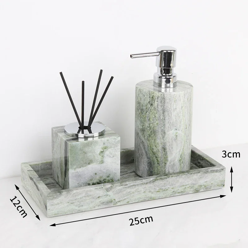 Emerald Green Natural Marble Bathroom Set Luxury Soap Dish Cotton Swabs Jar Reed Diffuser Vanity Tray Bathroom Accessories