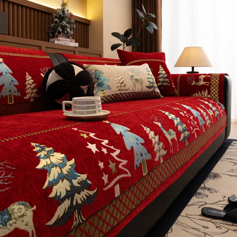 Christmas Red Sofa Cushion All-season Universal Anti-slip Sofa Cover Anti-scratch One-piece Couch Towel Living Room Decoration