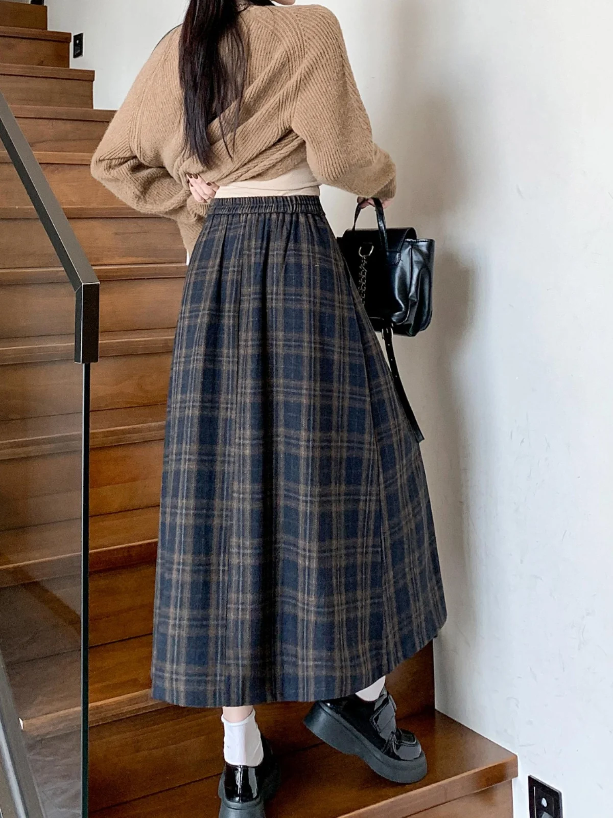 Jupe longue plissée en laine mélangée à carreaux vintage pour femmes, streetwear taille haute, ligne A, printemps, automne