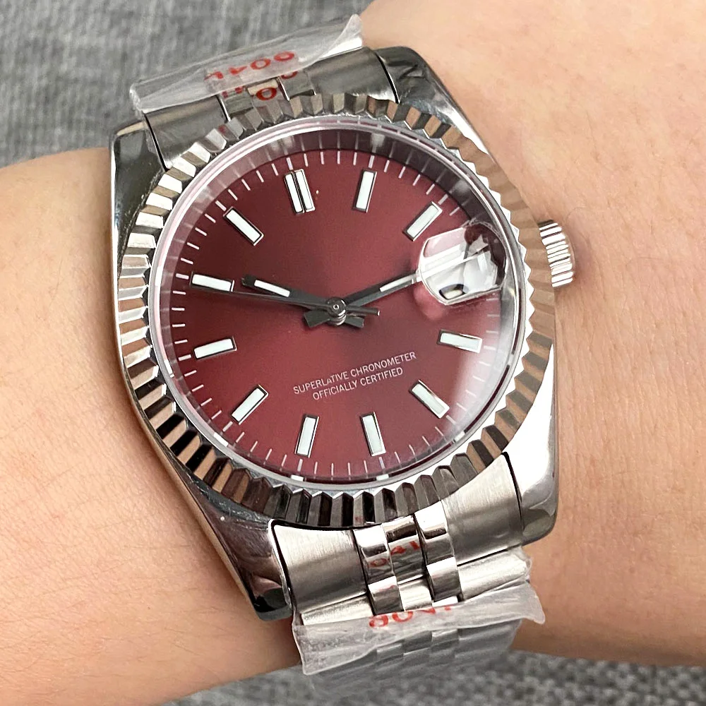 Tandorio 36mm 39mm Fluted Curved Mechanical Watch Men Date Day Sunburst Red Dial NH35 Movt Sapphire Cyclop Jubilee Glass Back