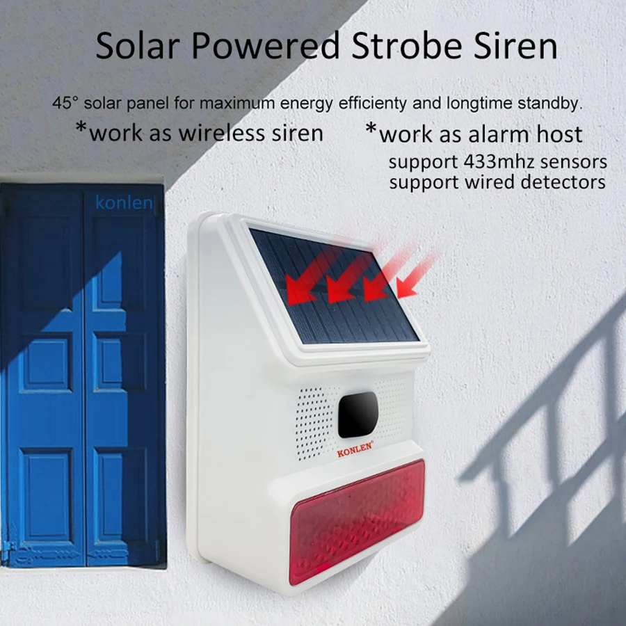 433mhz Strobe Solar Siren Outdoor Wireless Burglar Home Alarm System Kit Security Protection with Motion PIR Door Sensor Horn