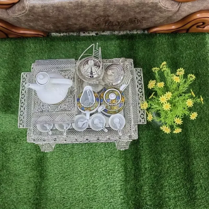 Ethiopian Coffee Tray Set Double Layer Silver Plated Serving Stand Traditional Jebena Ceremony Decorative Home Kitchen