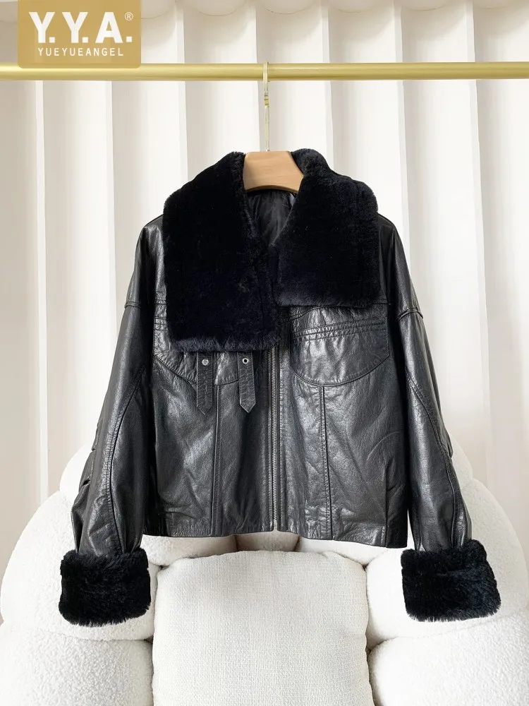 Winter Women Zipper Oil Wax Loose Genuine Leather Jacket Turn Down Fur Collar  Fashion Ladies Short Style Motorcycle Down Coat