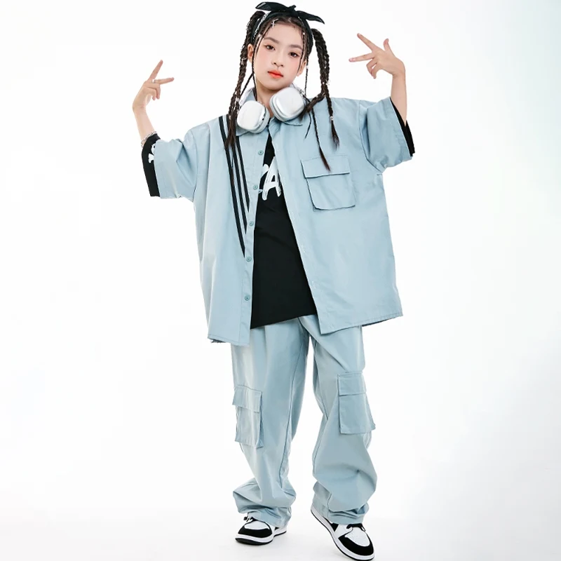 2025 trajes de dança hip hop crianças terno azul calças carga meninas meninos equipe dança rua jazz dança desempenho palco wear dn20451